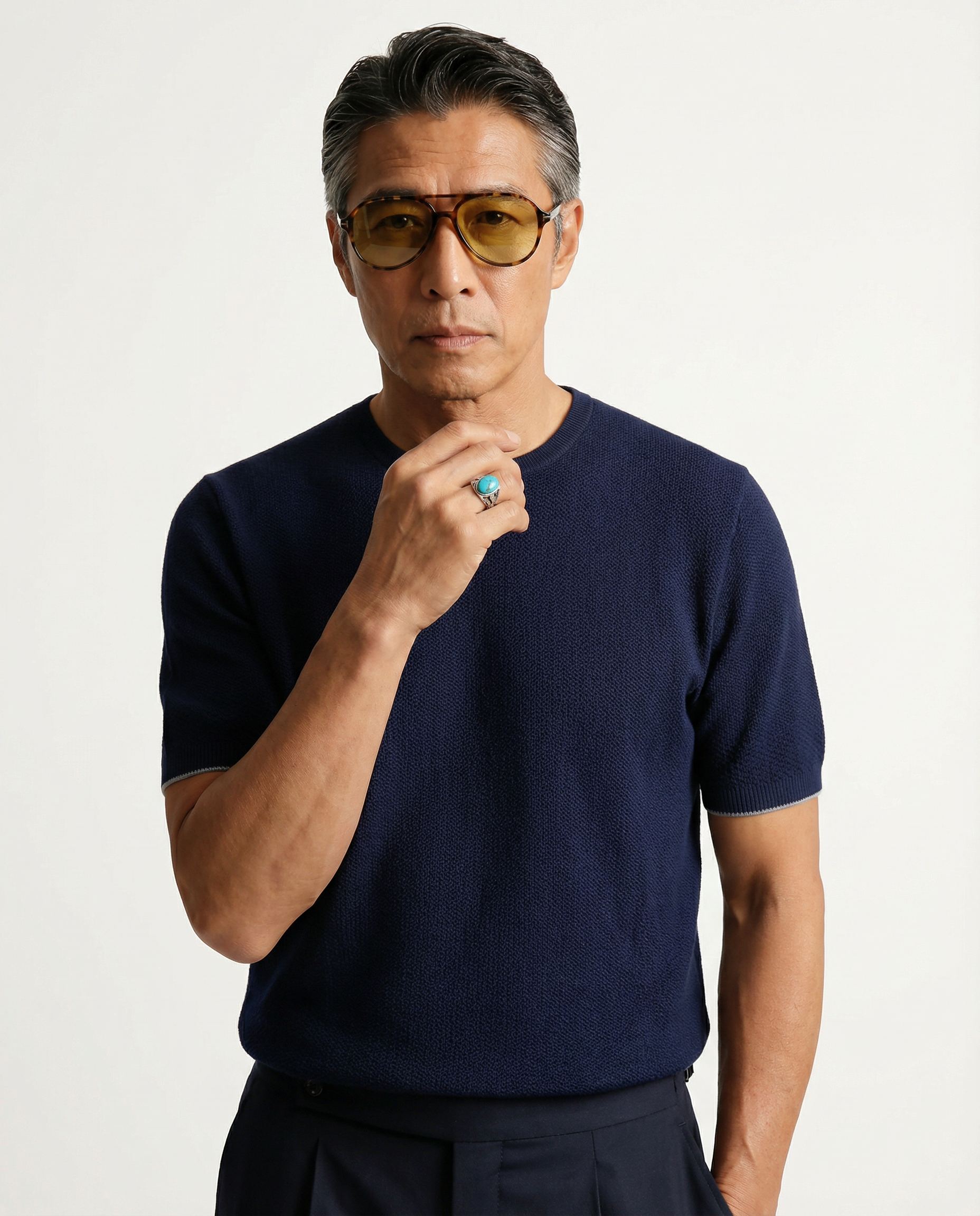 Crewneck Textured Cotton Navy
