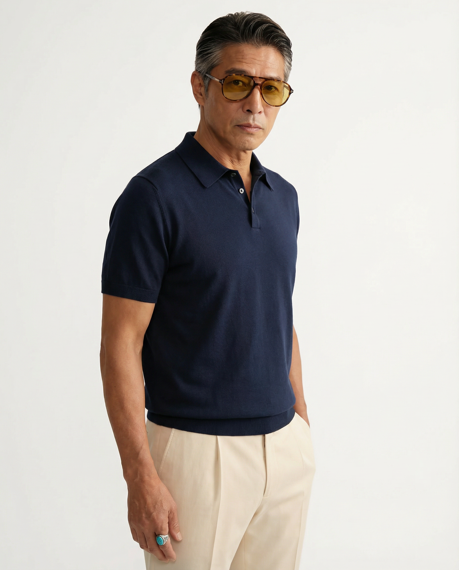 Knitted Polo Navy Fine Cotton