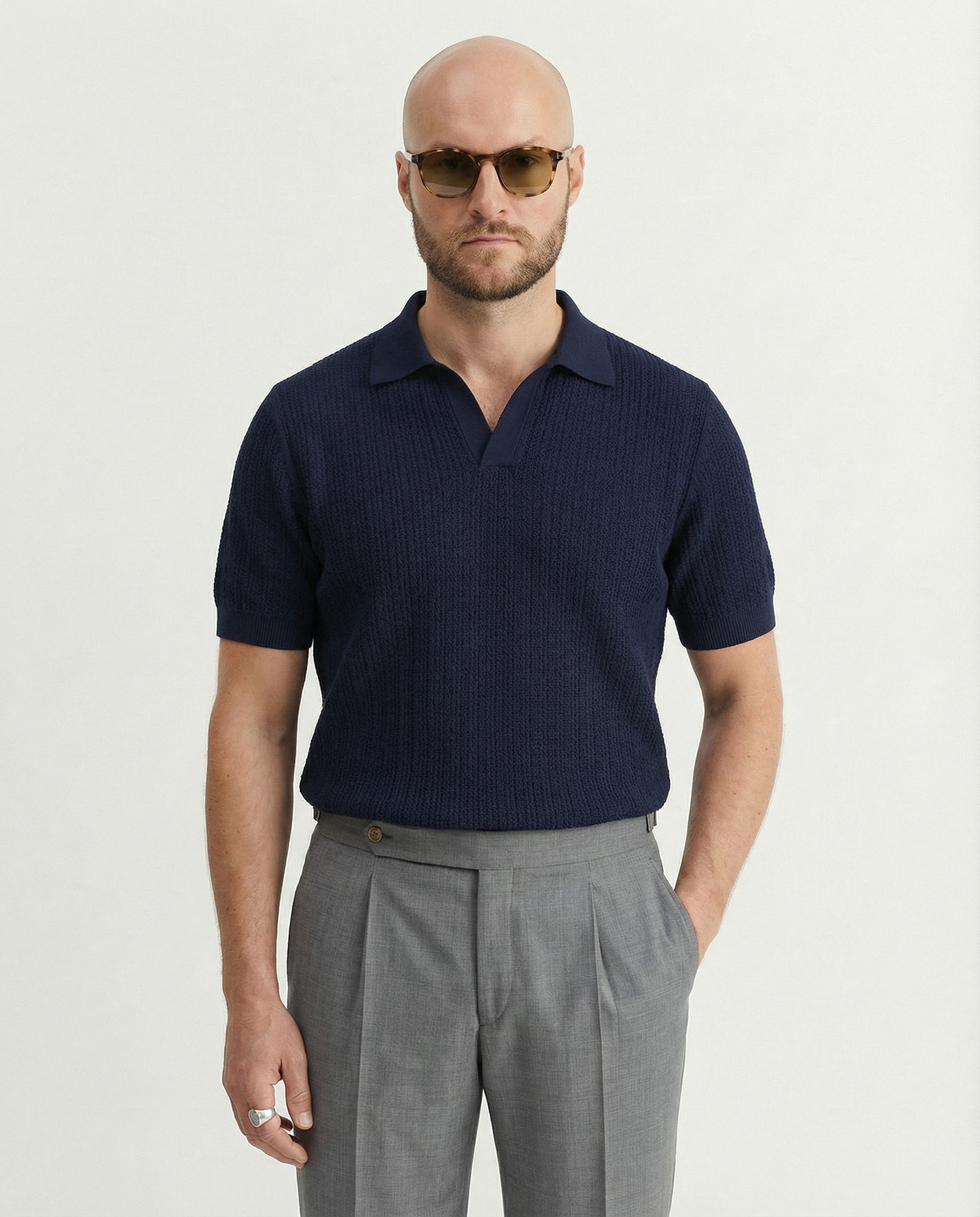 Knitted Polo Navy Fine Mesh
