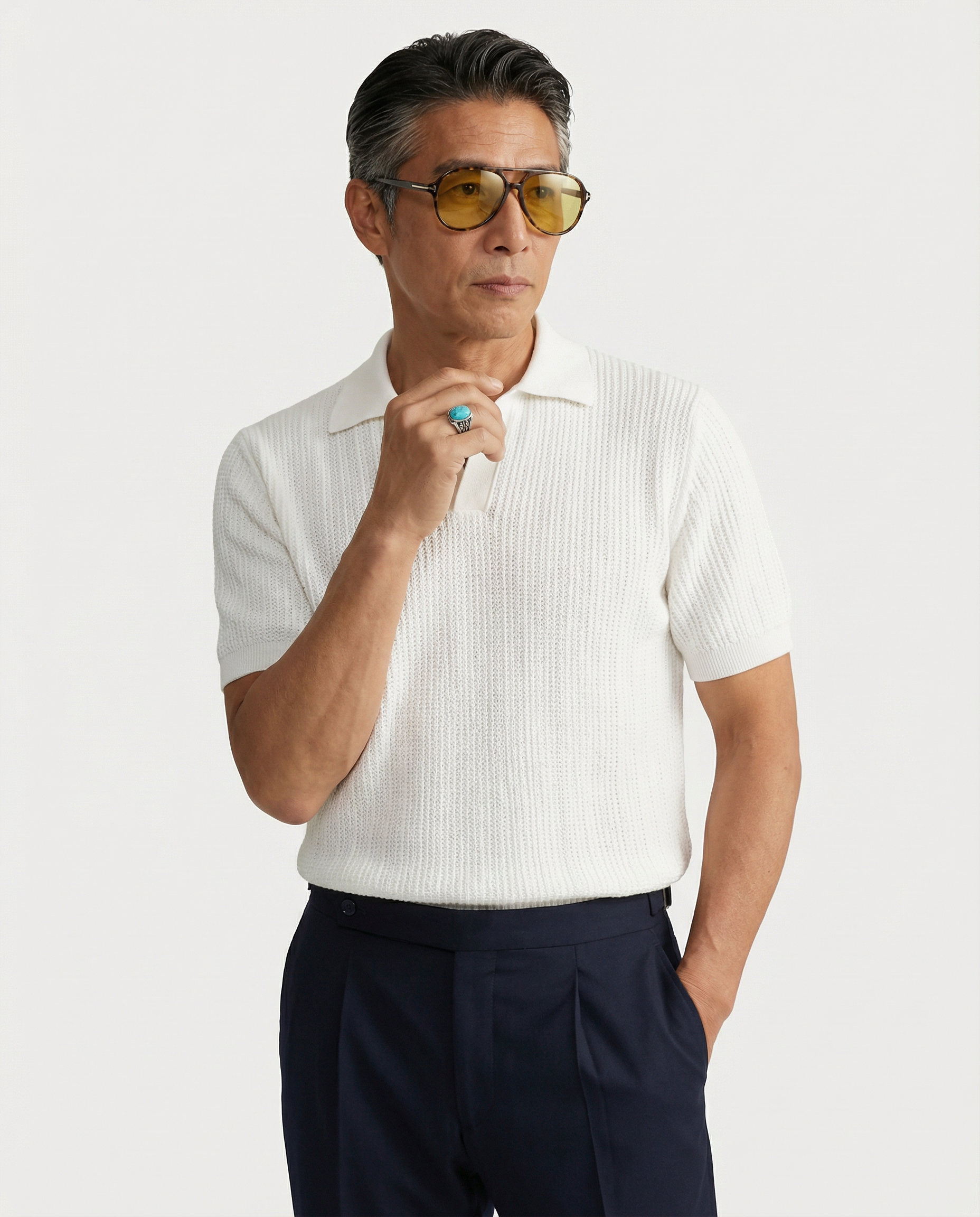 Knitted Polo White Fine Mesh