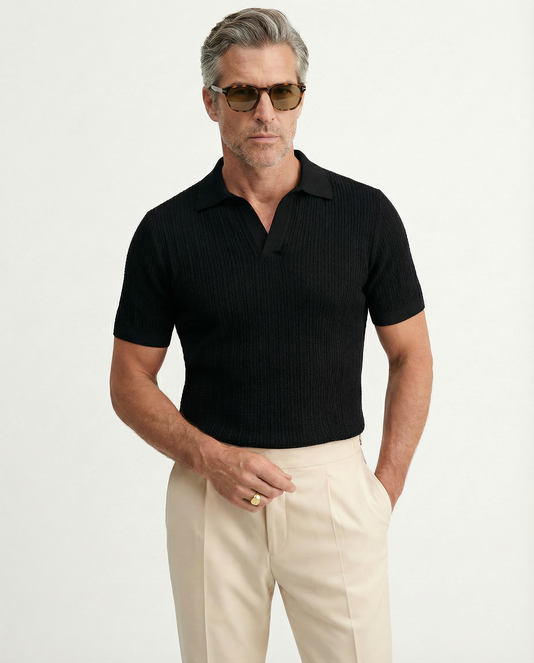 Knitted Polo Black Fine Mesh