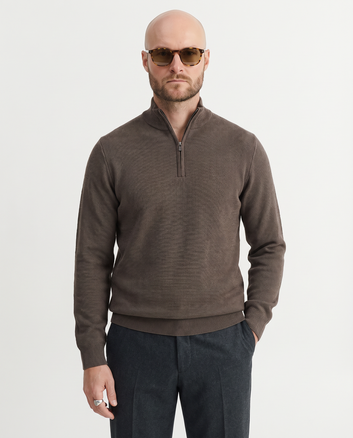 Quarter Zip Textured Merino Brown