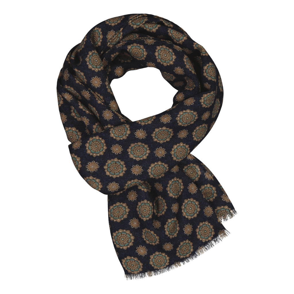 Gaville Navy Motif Fine Wool Scarf