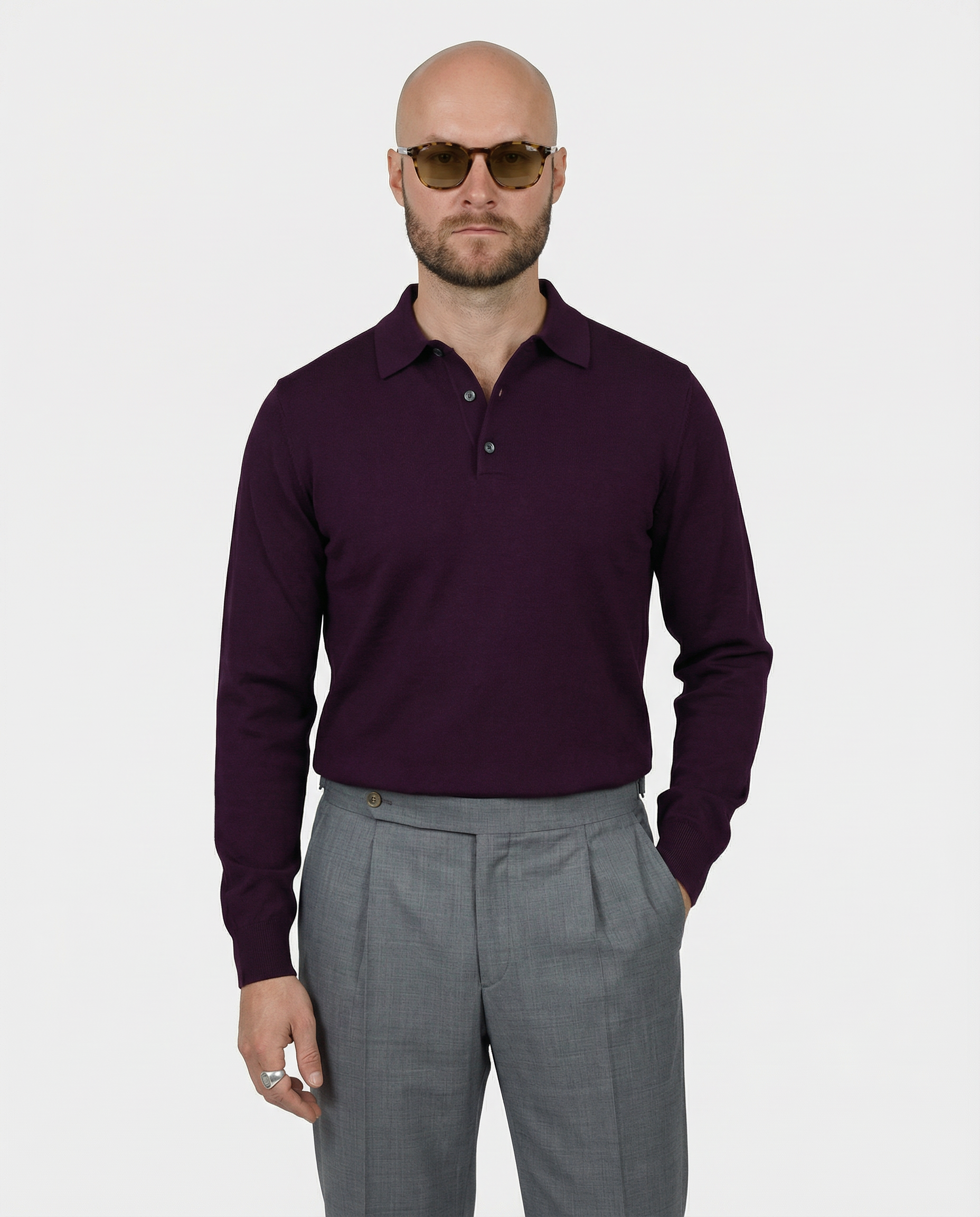 Knitted Polo Long Sleeve Burgundy Fine Cotton
