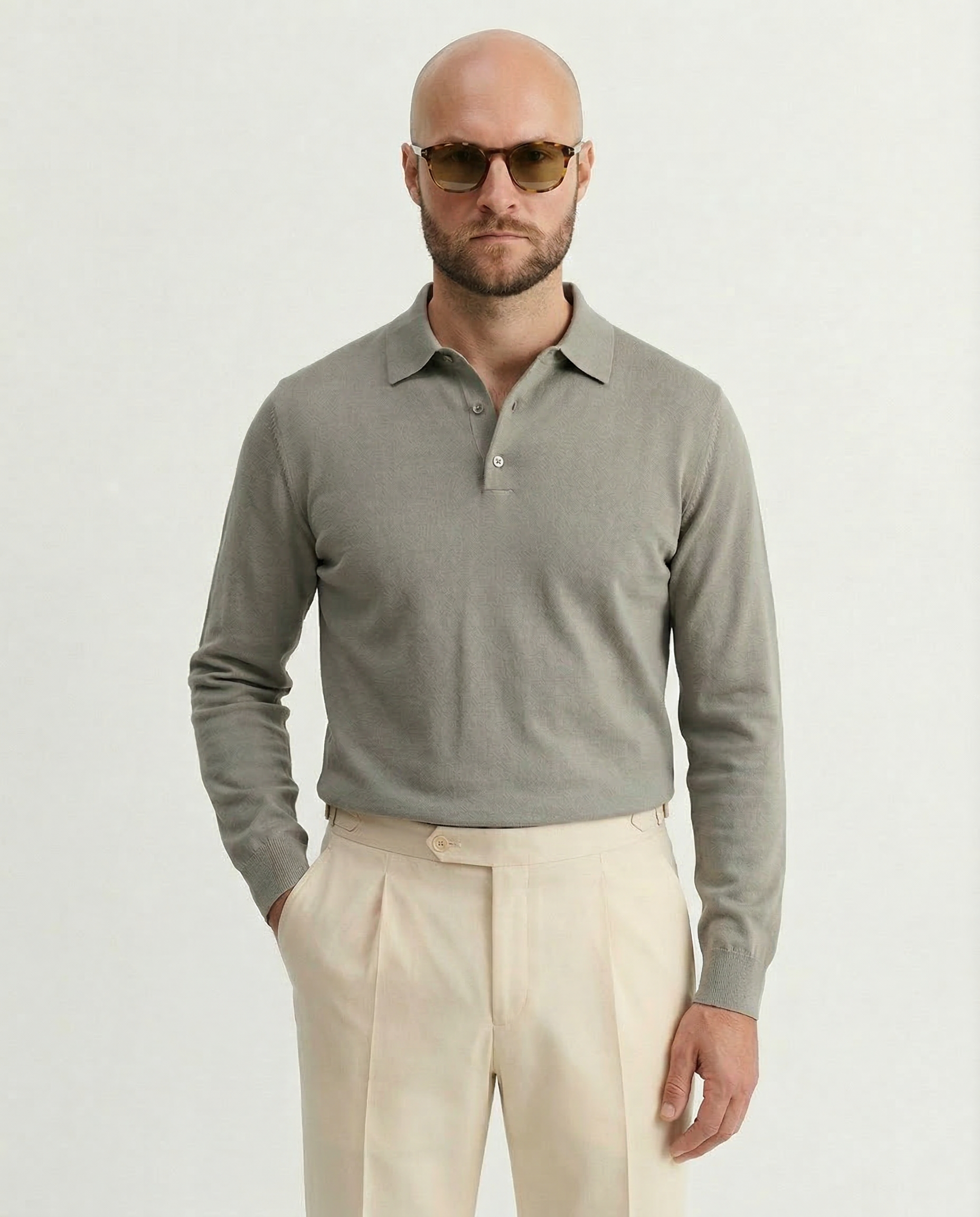 Knitted Polo Long Sleeve Grey Fine Cotton