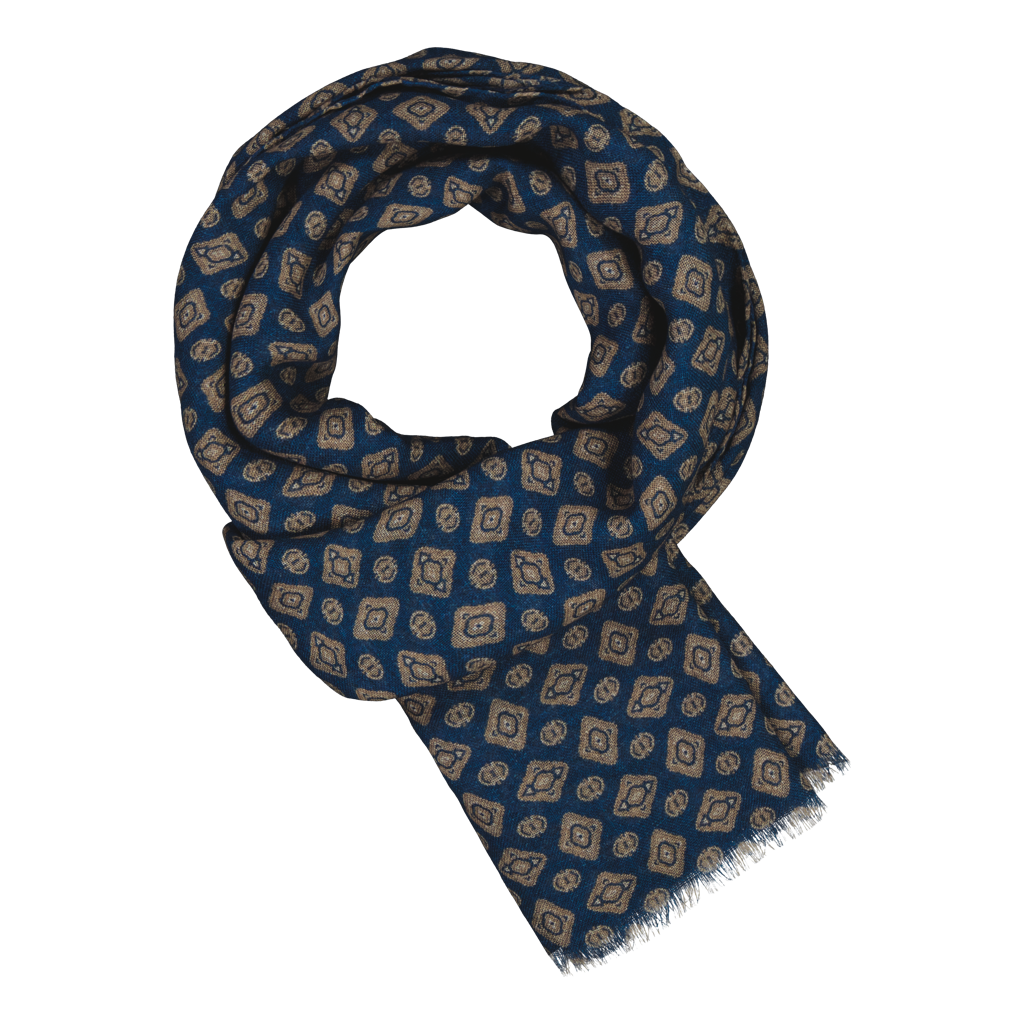 Pergola Navy Motif Fine Wool Scarf