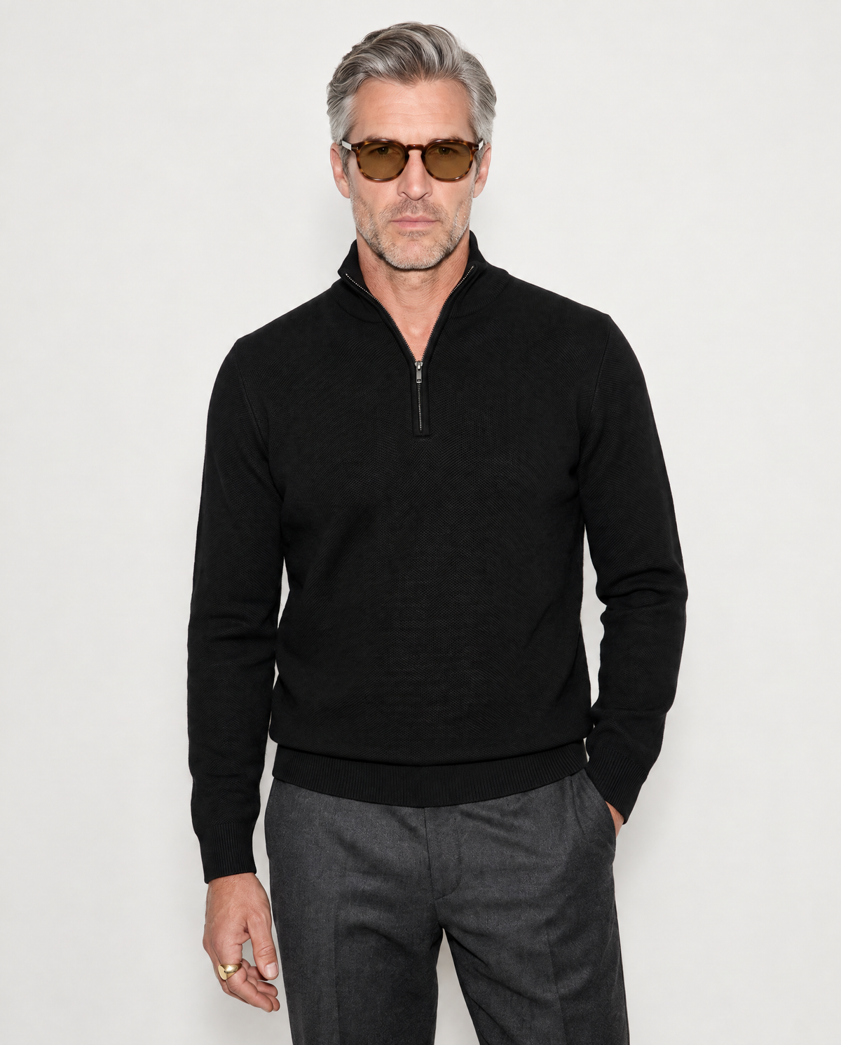 Quarter Zip Textured Merino Black