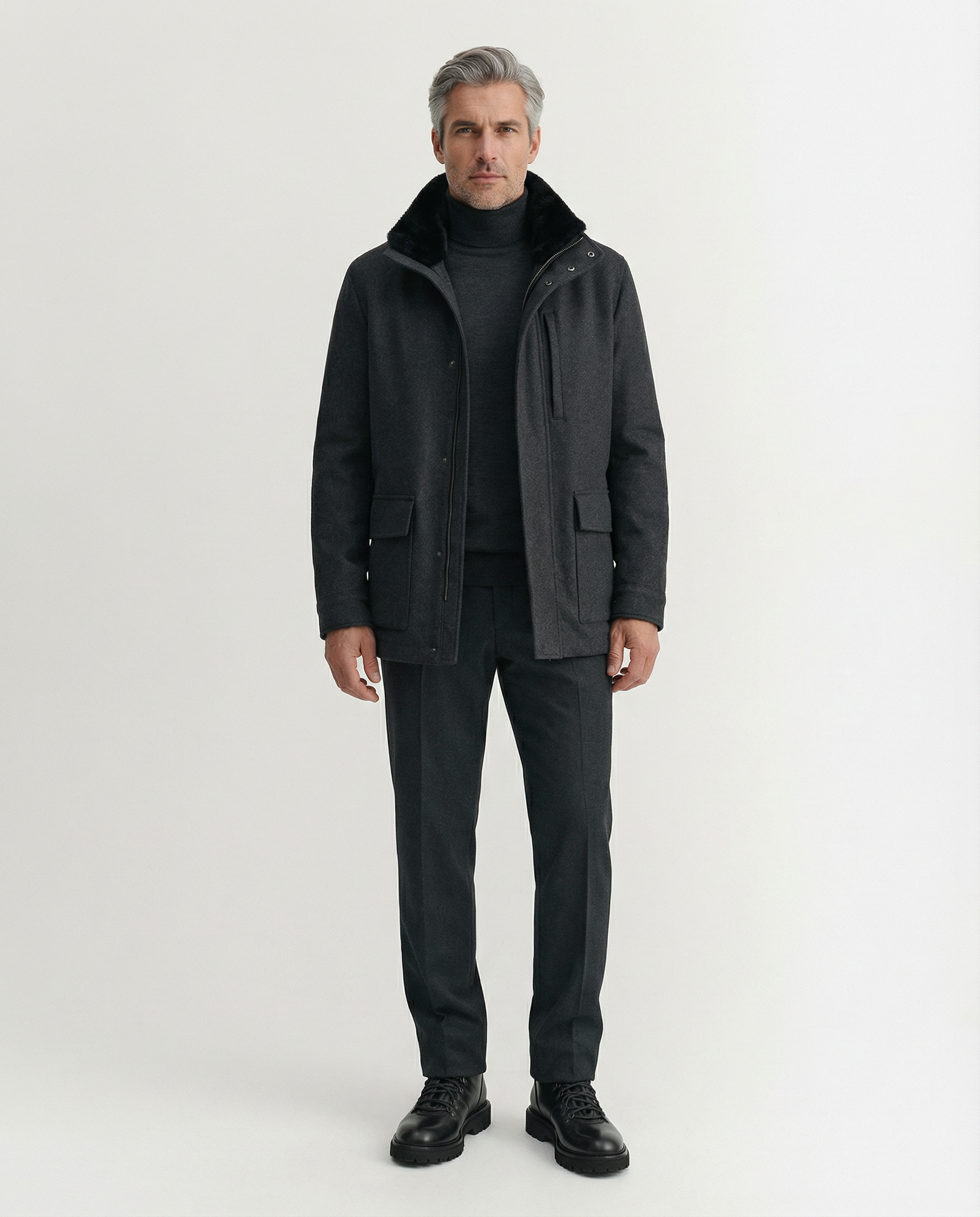 St Moritz Dark Grey Luxury Fur Collar Jacket